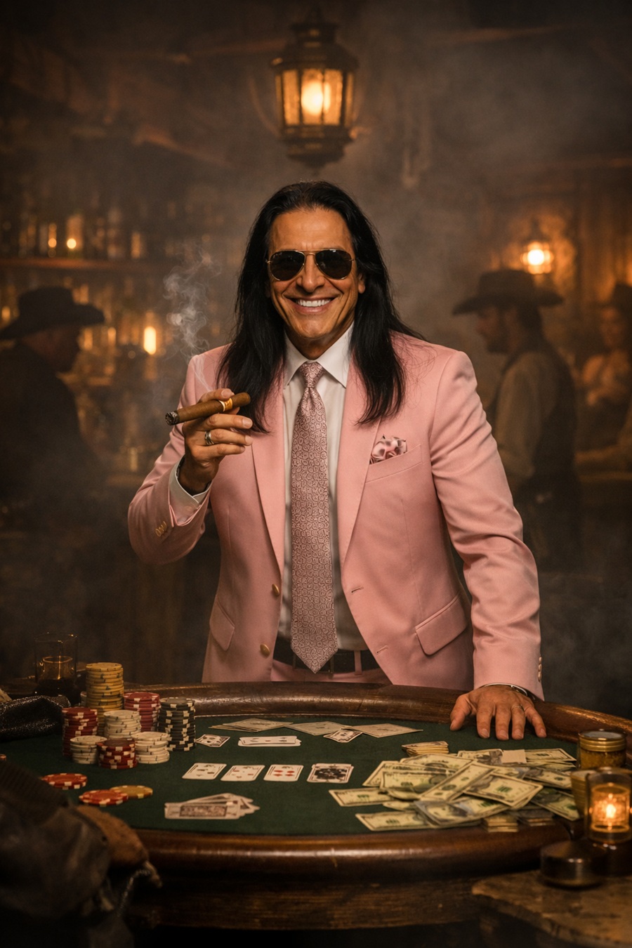 A.W. Blackstar smoking at poker table in outlaw casino.